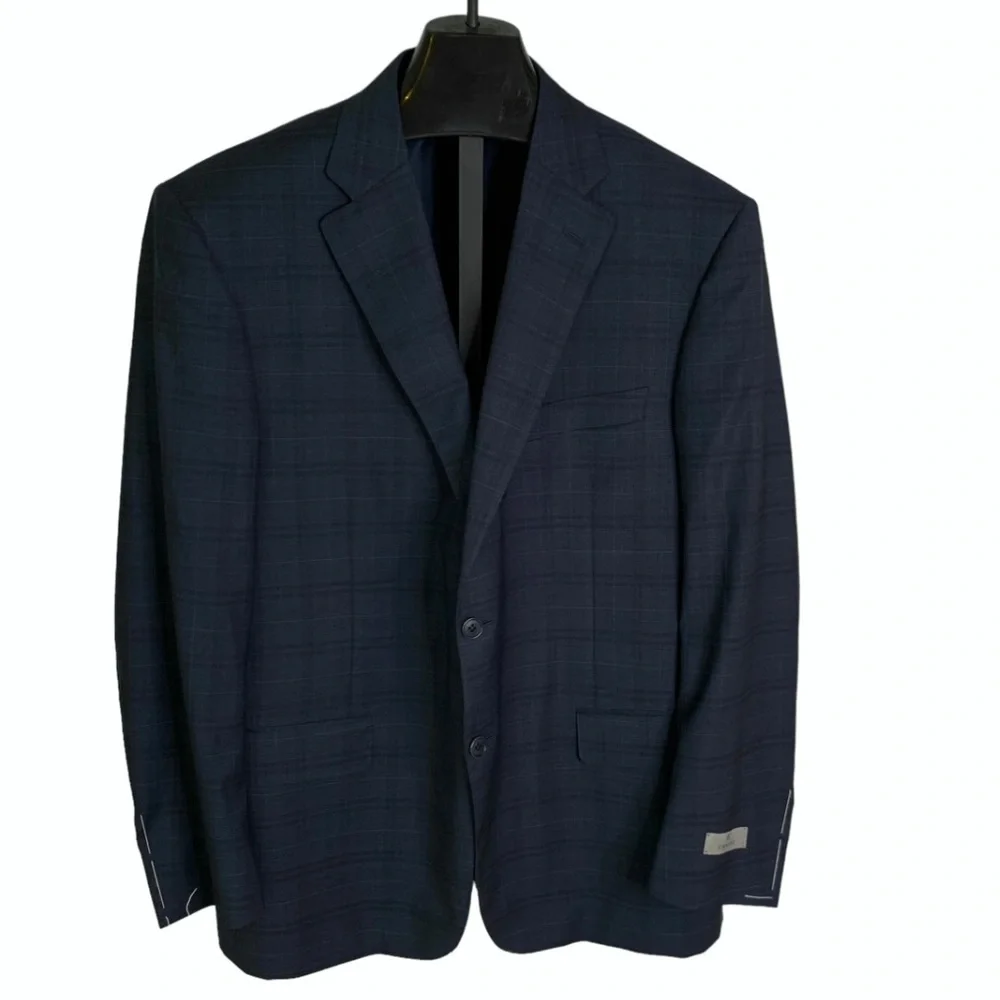 Canali Windowpane Plaid Navy Blazer Stretch Wool Size 46 R NWT